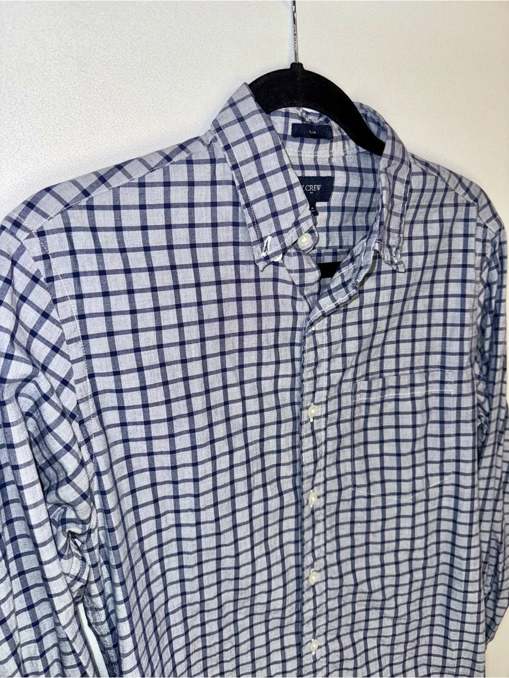 J. Crew Men’s Navy and Blue Checked LS Button-Down Shirt Size Small Cotton
